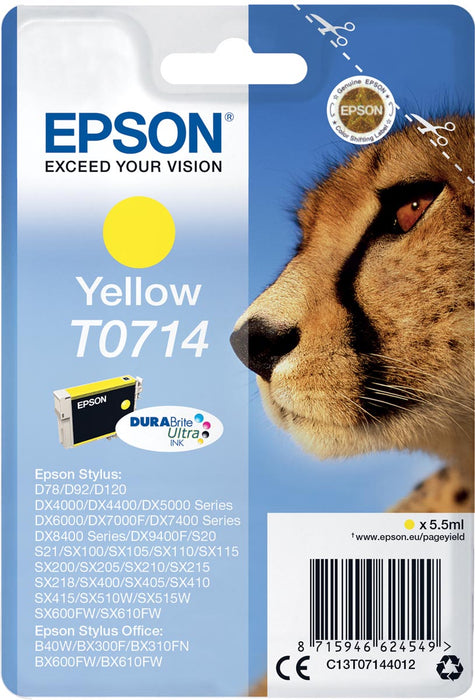 Epson inktcartridge T0714, 415 pagina's, OEM C13T07144012, geel, geschikt voor Epson Stylus BX 310/600/D 120/D 78/S 20