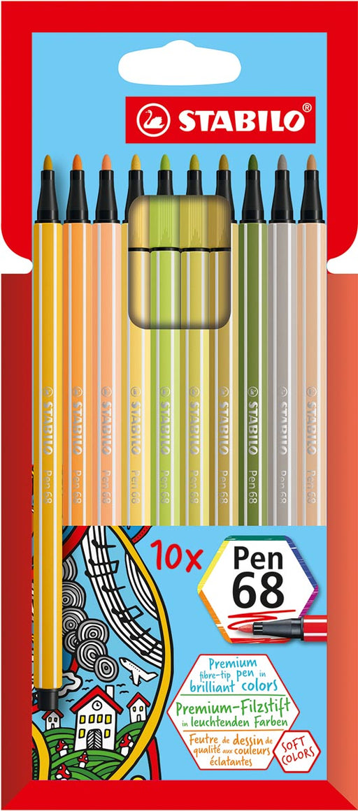 STABILO Pen 68 viltstift, kartonnen etui van 10 stuks in geassorteerde zachte kleuren 6 stuks, OfficeTown