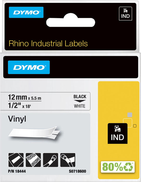 Dymo RHINO vinyltape 12 mm, zwart op wit 5 stuks