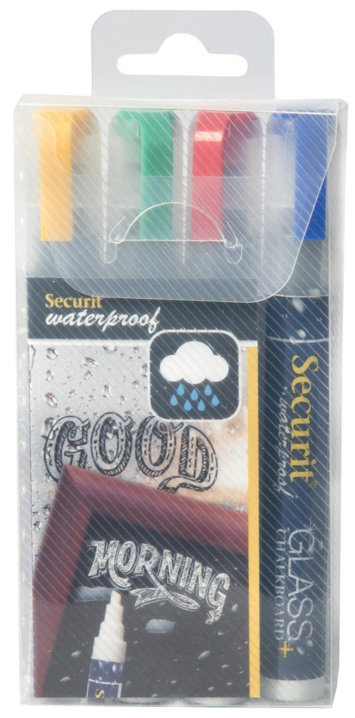 Securit Waterproof krijtmarker medium, blister met 4 stuks in geassorteerde kleuren 12 stuks, OfficeTown