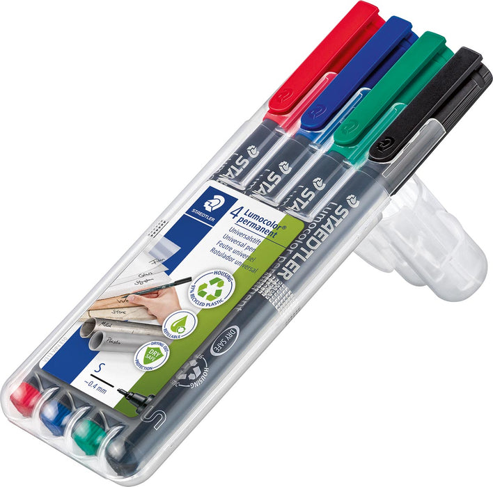 Staedtler Lumocoler 313, OHP-marker, permanent, 0,4 mm, etui van 4 stuks in geassorteerde kleuren