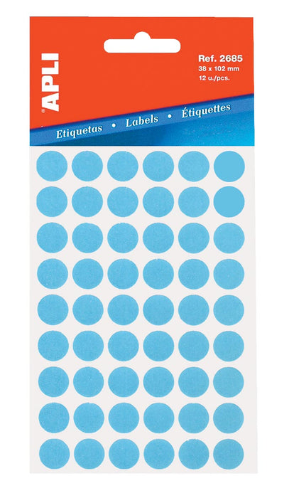 Ronde stickers van Apli in doosje met een diameter van 13 mm, blauw, 175 stuks, 35 per vel (2056)