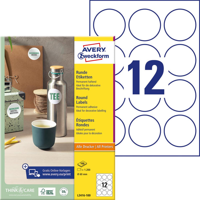 Avery Zweckform ronde etiketten, 60 mm, doos van 1.200 stuks, wit 5 stuks, OfficeTown