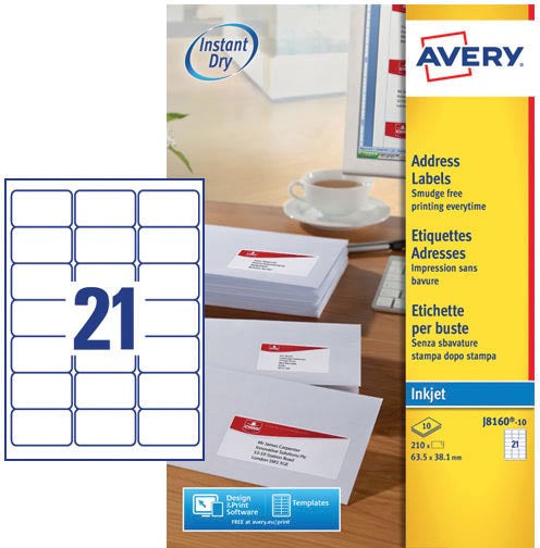 Avery J8160-10 Labels voor Adressen 63,5 x 38,1 mm (b x h), 210 labels, wit