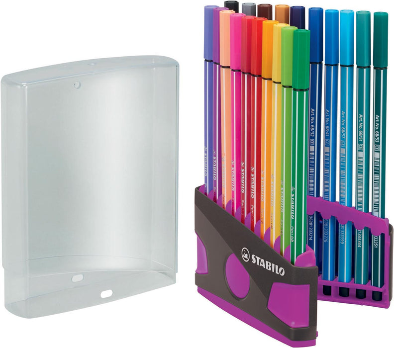 STABILO Pen 68 brush, ColorParade, lila-grijze doos, 20 stuks in geassorteerde kleuren 10 stuks