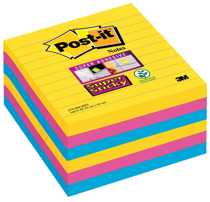 Post-it Super Sticky Notities XL Carnival, 90 vellen, 101 x 101 mm, gelinieerd, assorti doos van 6 blokken