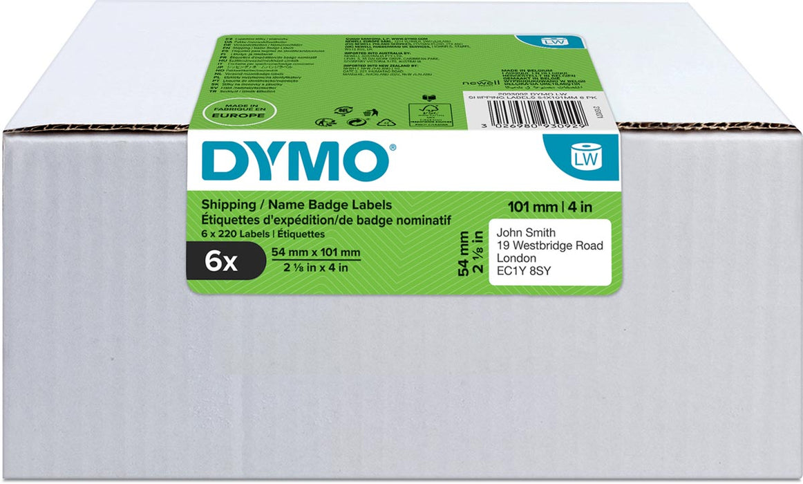 Dymo Waardepack: etiketten LabelWriter ft 101 x 54 mm, wit, doos van 6 x 220 etiketten