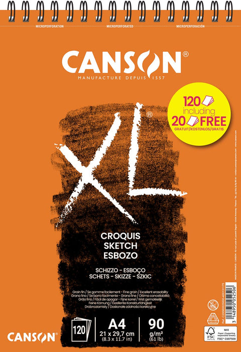 Canson schetsblok XXL, 90 g/m², ft A4, 100 + 20 vel gratis 5 stuks