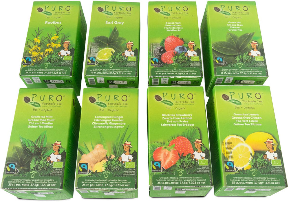 Puro Bio Thee Assortiment Fairtrade 8 Dozen van 25 Zakjes met Echte Stukjes Fruit