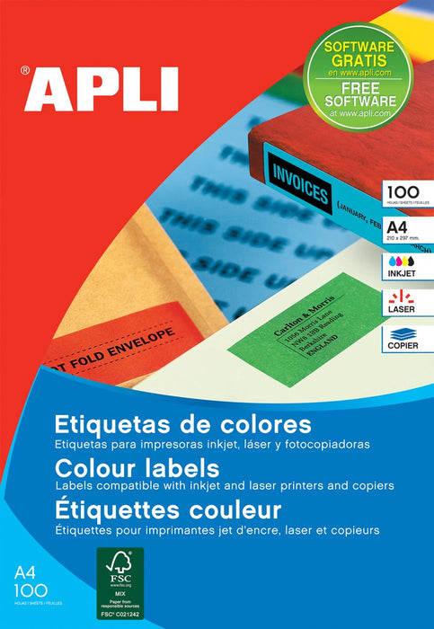 Gekleurde etiketten Apli Ft 105 x 148 mm (b x h), geel, 80 stuks, 4 per blad, etui van 20 blad