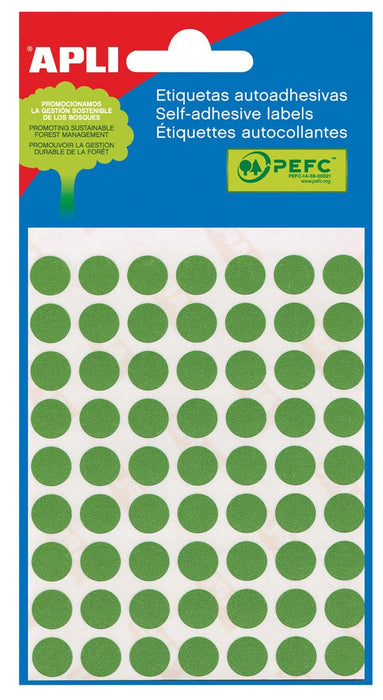 Ronde stickers Apli in hoesje, diameter 13 mm, groen, 175 stuks, 35 per vel (2058)