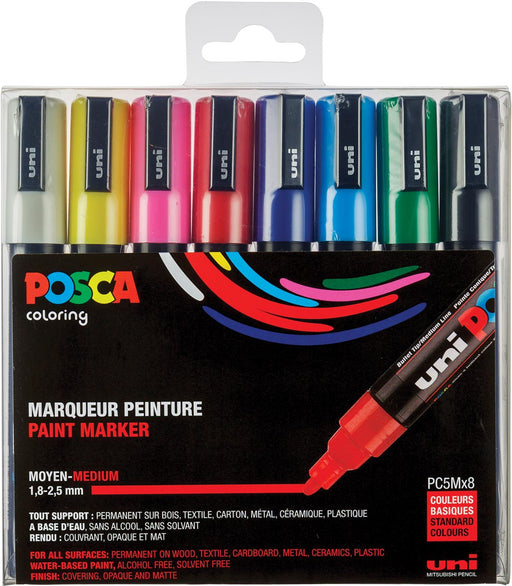 Posca paintmarker PC-5M, set van 8 markers in geassorteerde basiskleuren 12 stuks, OfficeTown