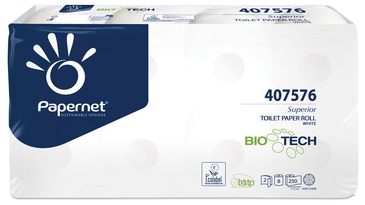 Papernet Toiletpapier Superior, 2-laags, 250 vellen, verpakking van 8 rollen met Biologische Reinigingstechnologie