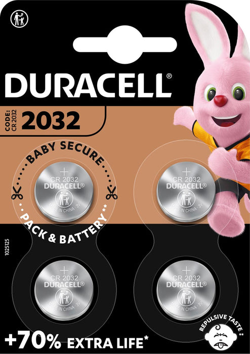 Duracell lithium knoopcelbatterijen CR2032, 4 stuks met Baby Secure-verpakking