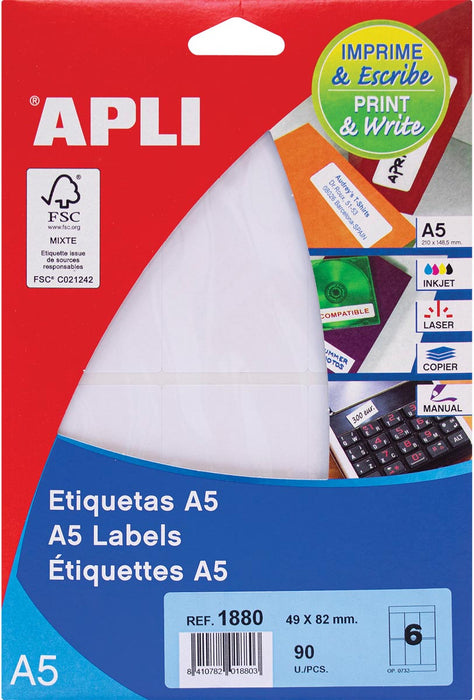 Witte etiketten Apli Print & Write 49 x 82 mm (b x h), 90 stuks, 6 per vel