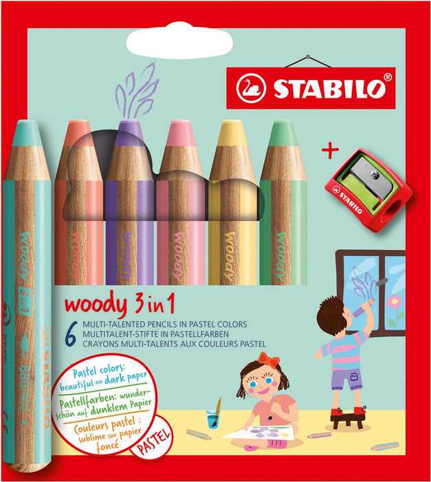 STABILO woody 3in1 kleurpotlood, set van 6 in zachte pastelkleuren