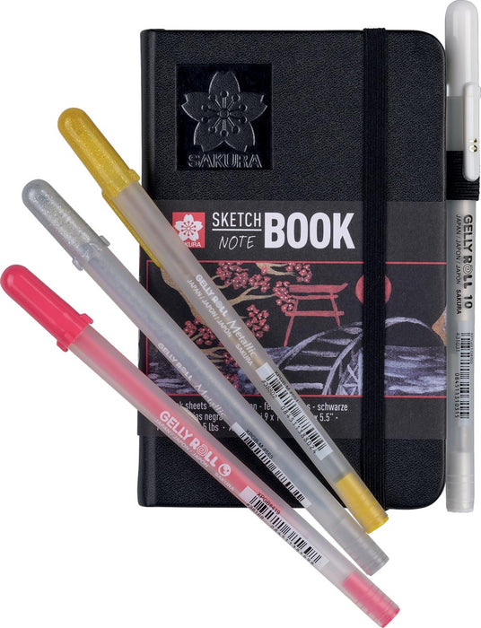 Sakura schetsboek, 80 vellen, 140 g/m², afm. 9 x 14 cm, zwart papier met accessoires