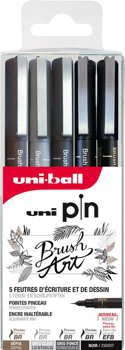 Uni Pin fineliner set Brush Art, geassorteerde kleuren, etui met 5 stuks in geassorteerde punten 12 stuks, OfficeTown