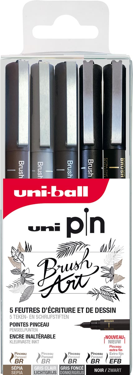 Uni Pin fineliner set Brush Art, geassorteerde kleuren, etui met 5 stuks in geassorteerde punten 12 stuks, OfficeTown