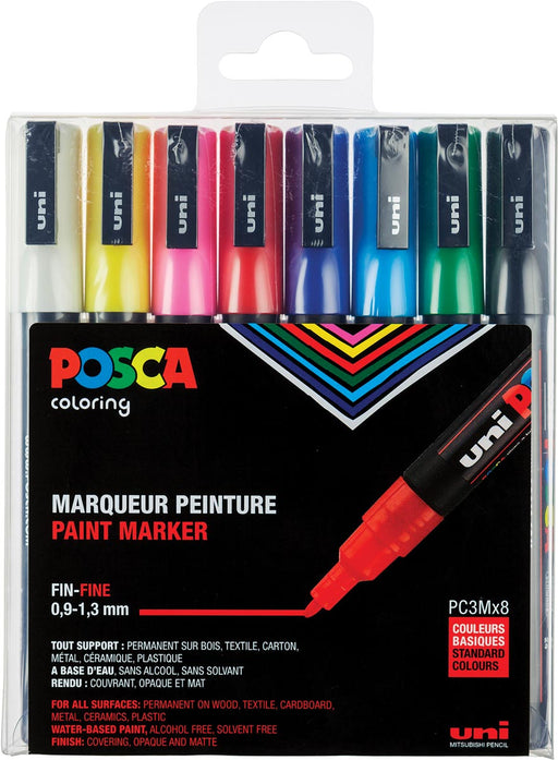Posca paintmarker PC-3M,  set van 8 markers in geassorteerde basiskleuren 12 stuks, OfficeTown