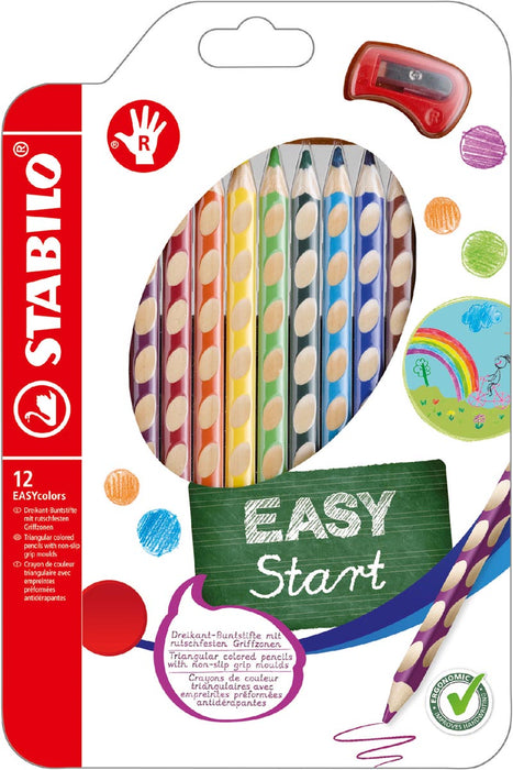 STABILO EASYstart kleurpotloden, rechtshandig, set van 12 stuks, verschillende kleuren met slijper