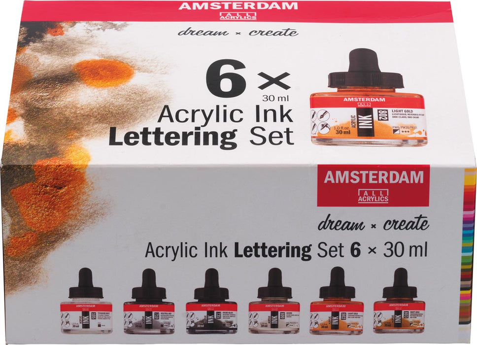 Amsterdam acrylinkt Lettering, set van 6 flacons van 30 ml, gevarieerd assortiment