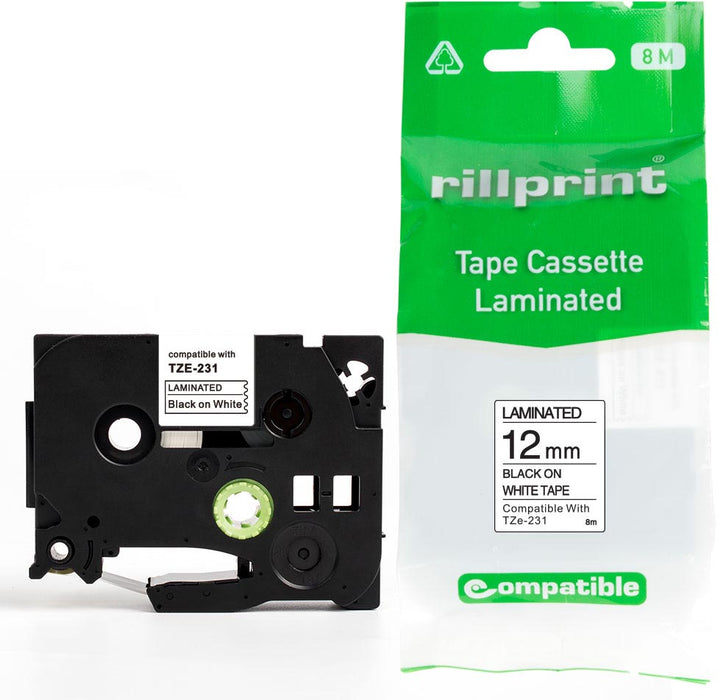 Rillprint compatibele TZe-tape voor Brother TZe-231, 12 mm, zwart op wit