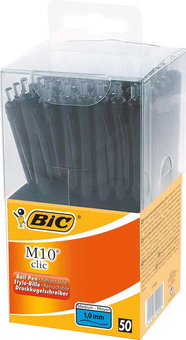 Bic balpen M10 Clic, 50 stuks in zwart met Medium Punt