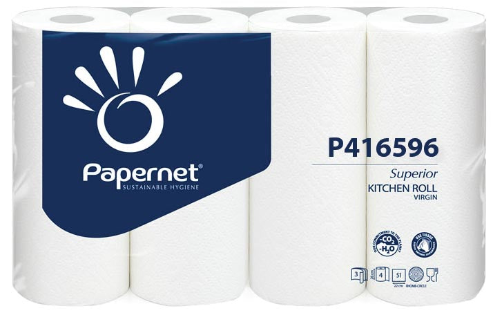 Keukenrol Papernet Superior, 3-laags, 51 vellen, verpakking van 4 rollen