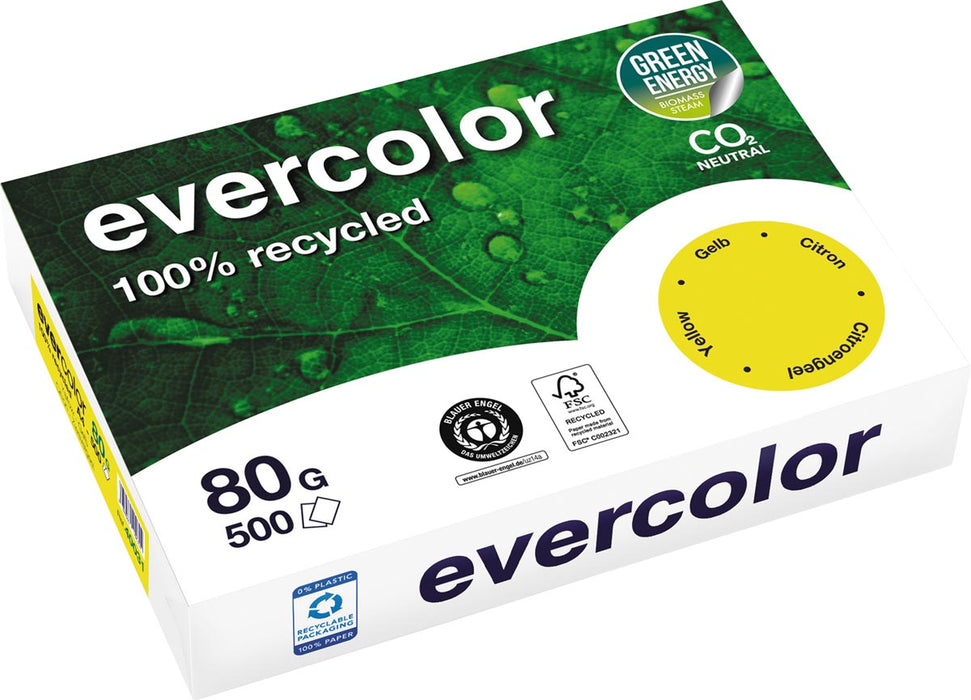 Clairefontaine Evercolor, gekleurd gerecycled papier, A4, 80 g, 500 vellen, citroengeel 5 stuks