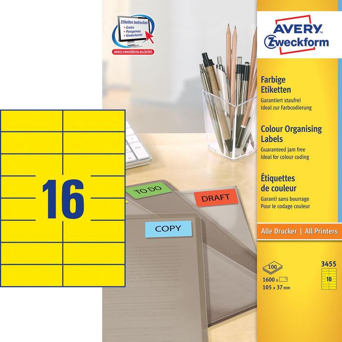 Avery gekleurde universele etiketten, geel (105 x 37 mm, 1600 stuks) met gratis Design & Print software