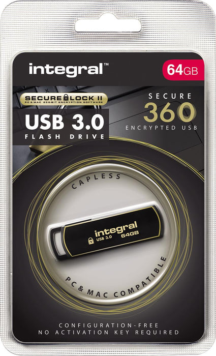 Integral 360 Secure USB 3.0 stick, 64 GB met 256-bit AES beveiligingssoftware