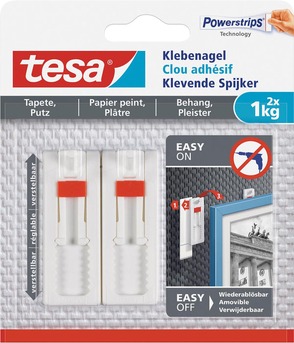 Tesa Klevende Spijker voor Behang en Pleisterwerk, verstelbaar, draagvermogen 1 kg, blister van 2 stuks 8 stuks, OfficeTown