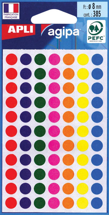Agipa ronde etiketten in etui, 8 mm diameter, assorti kleuren, 385 stuks, 77 per vel