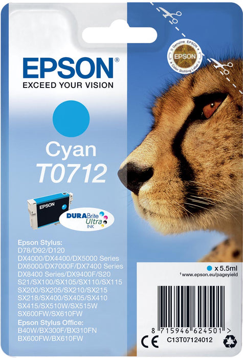 Epson inktcartridge T0712, 345 pagina's, OEM C13T07124012, cyaan - Geschikt voor Epson Stylus BX 310/600/D 120/D 78/S 20