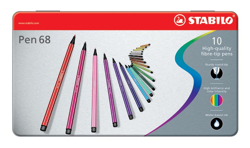 STABILO Pen 68 viltstift, metalen doos van 10 stiften in geassorteerde kleuren