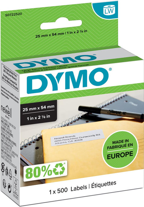 Dymo etiketten LabelWriter ft 25 x 54 mm, wit, 500 etiketten