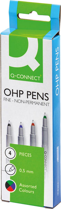 Q-CONNECT OHP marker, niet-permanent, fijn, set van 4 in verschillende kleuren
