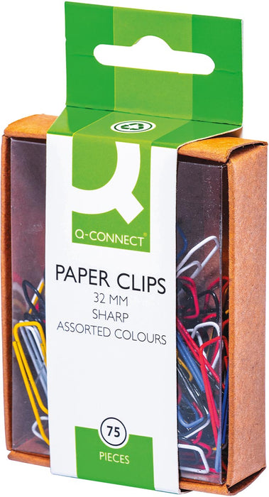 Q-CONNECT metalen papierklemmen, 32 mm, 75 stuks per doos, hangend, verschillende kleuren.