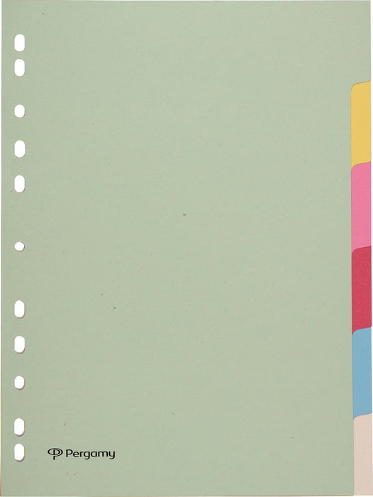 Tabbladen van gekleurd karton, 11-gaatsperforatie, A4-formaat, geassorteerde pastelkleuren, 6 tabs