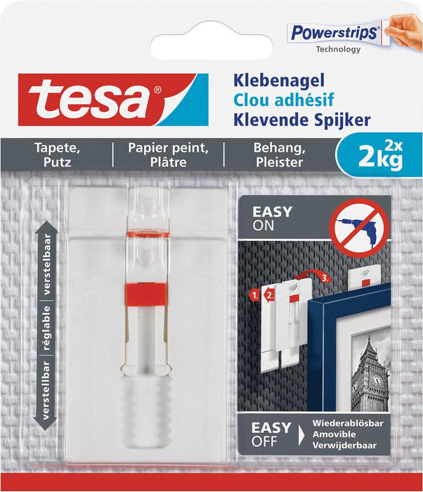 Tesa Klevende Spijker voor Behang en Pleisterwerk , verstelbaar, draagvermogen 2 kg, blister van 2 stuks 8 stuks, OfficeTown