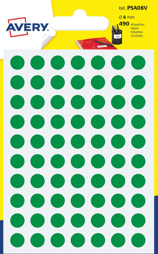 Avery PSA08V ronde markeringsetiketten, diameter 8 mm, blister van 490 stuks, groen 10 stuks, OfficeTown