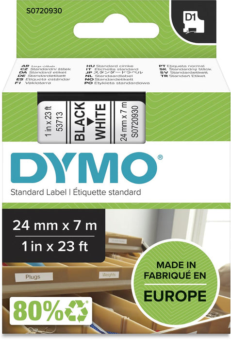 Dymo D1 tape 24 mm, zwart op wit 5 stuks