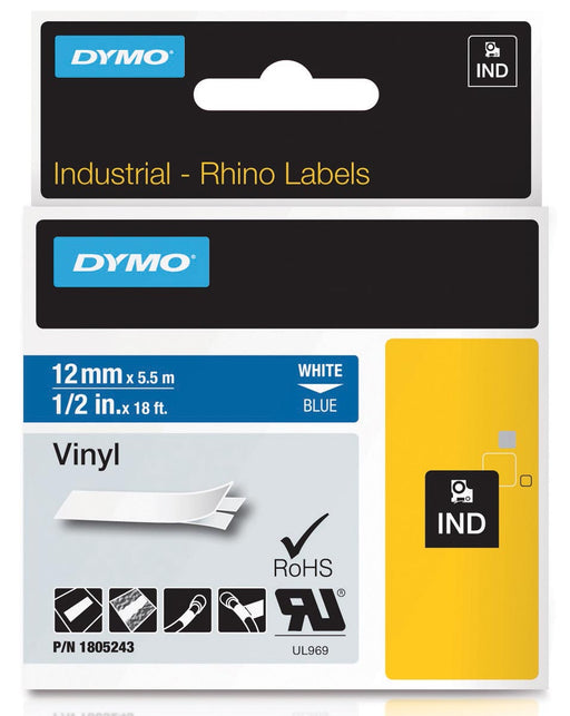 Dymo RHINO vinyltape 12 mm, wit op blauw, OfficeTown