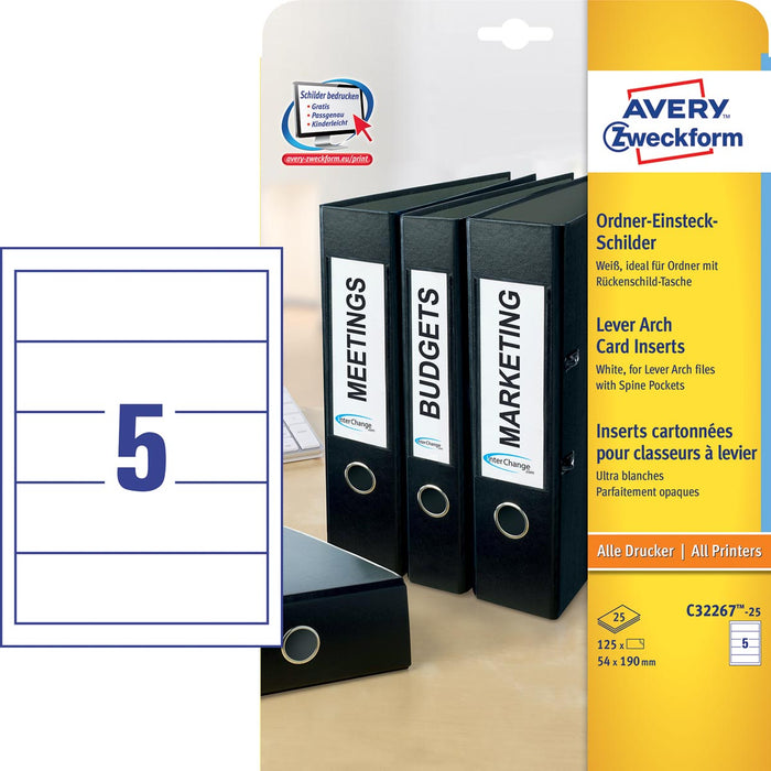 Zweck Printbare insteekkaarten voor ordnerrug ft 5,4 x 19 cm, rug van 8 cm, 125 stuks 30 stuks, OfficeTown