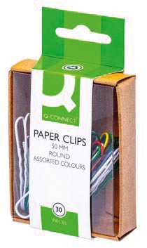 Q-CONNECT papierklemmen, 50 mm, gekleurd, doos van 30 stuks, ophangbaar