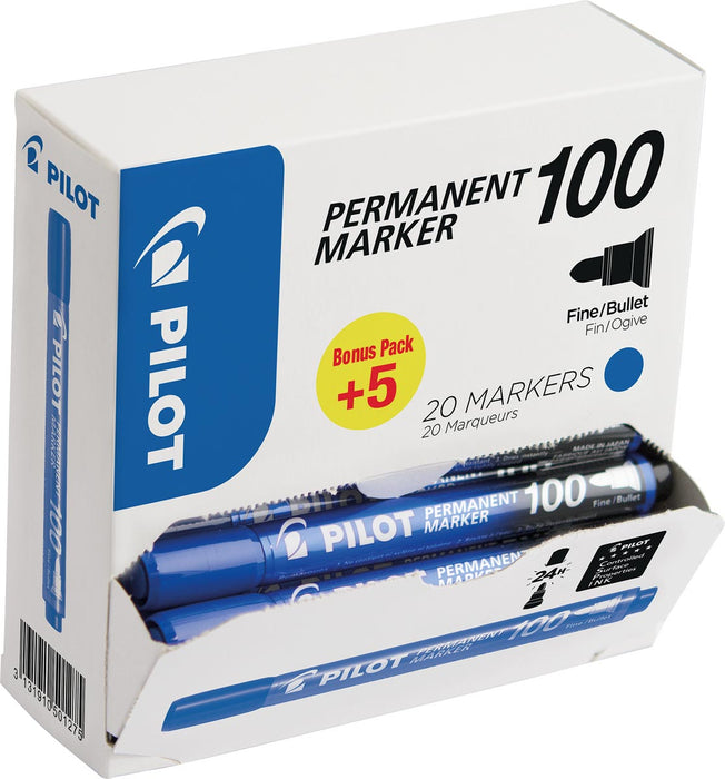Pilot permanente marker 100, XXL verpakking met 15 + 5 stuks, blauw
