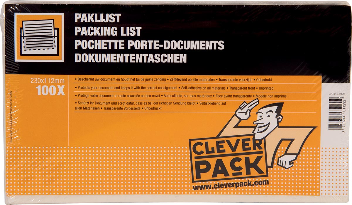 Handige documenthouder Cleverpack, onbedrukt,  ft 230 x 112 mm, bundel van 100 stuks