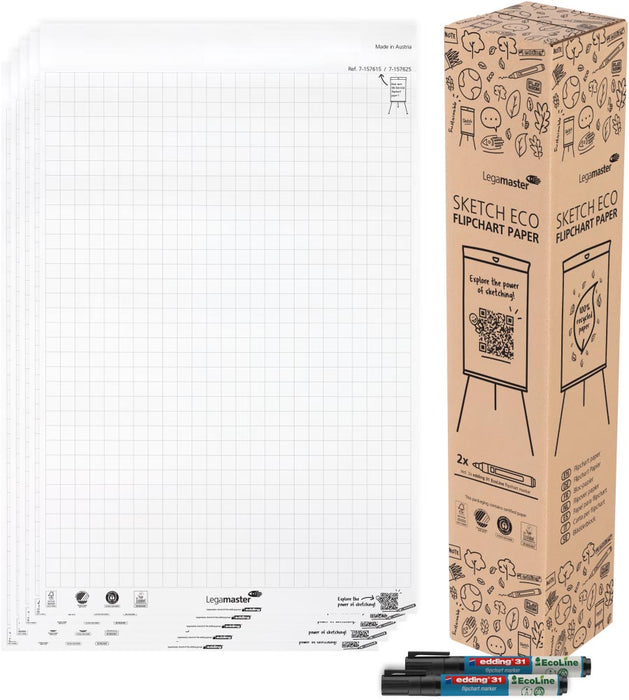 Legamaster flipchartpapier Sketch ECO, ft 98 x 65 cm, geruit, 20 vel, pak van 5 stuks Legamaster