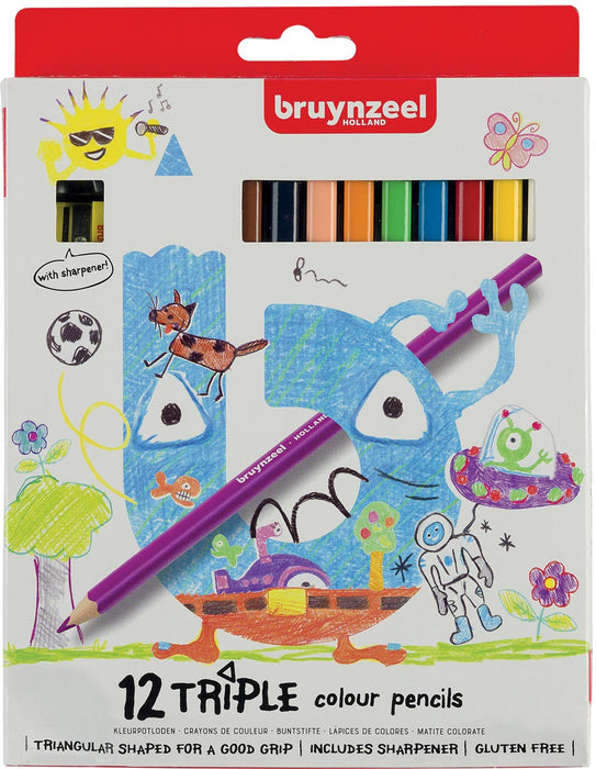 Bruynzeel Kids kleurpotlodenset Triple, 12 geassorteerde kleuren met puntenslijper